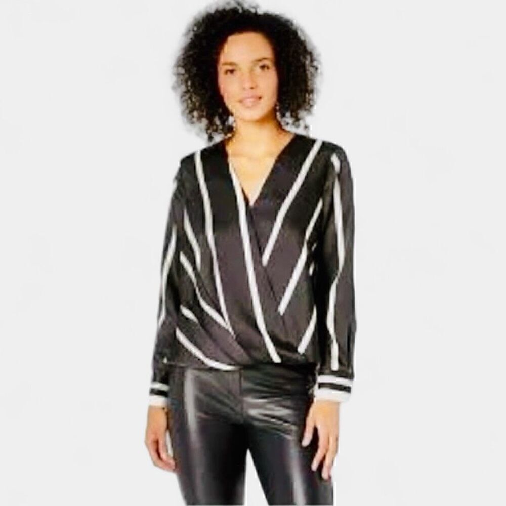 Vince Camuto Women’s Surplice Faux Wrap Long Sleeve Blouse Black and White Strip